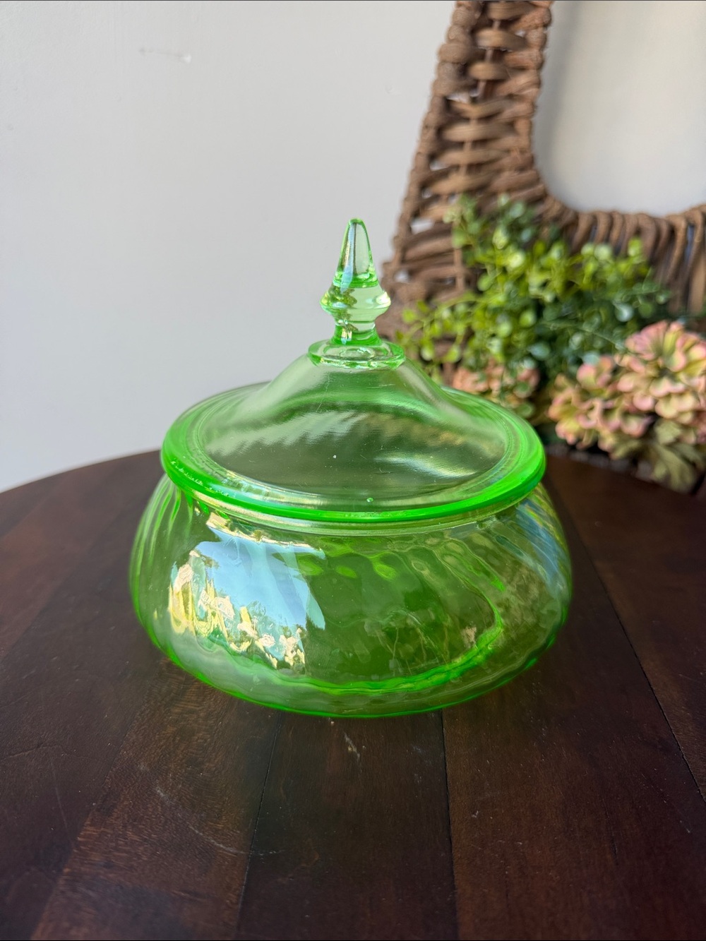Vintage Green Uranium Glass Covered Candy Dish
